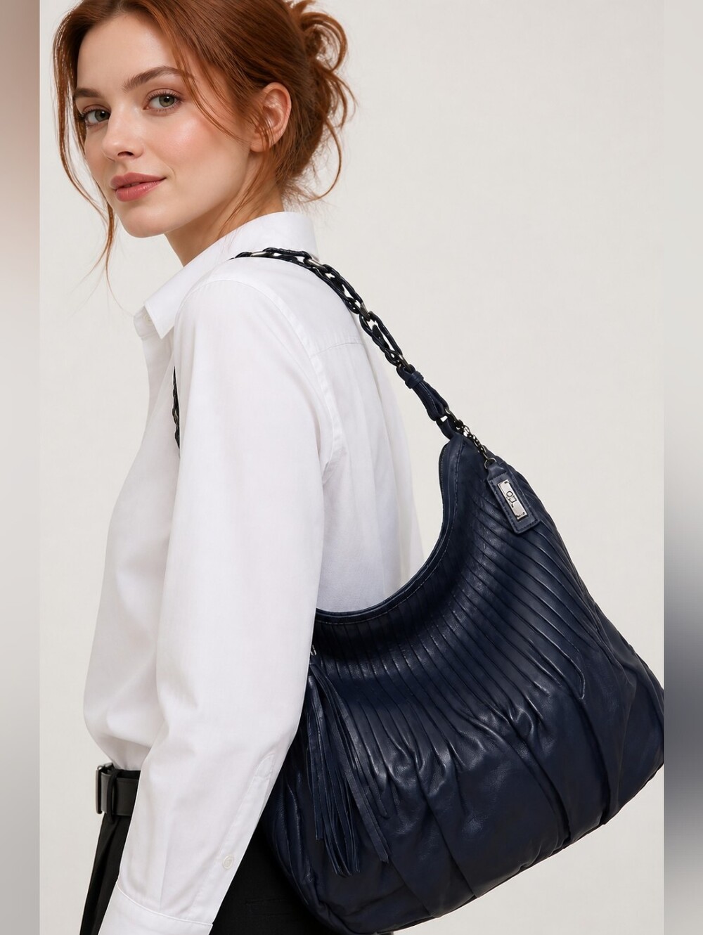 COLE HAAN Navy Blue Leather Hobo Bag with Tassel & Caged Shoulder Strap